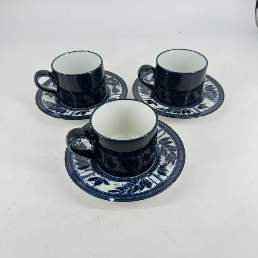 Dansk Ceylon Cups & Saucers Set of 3 Blue White KW/NR Japan Vintage